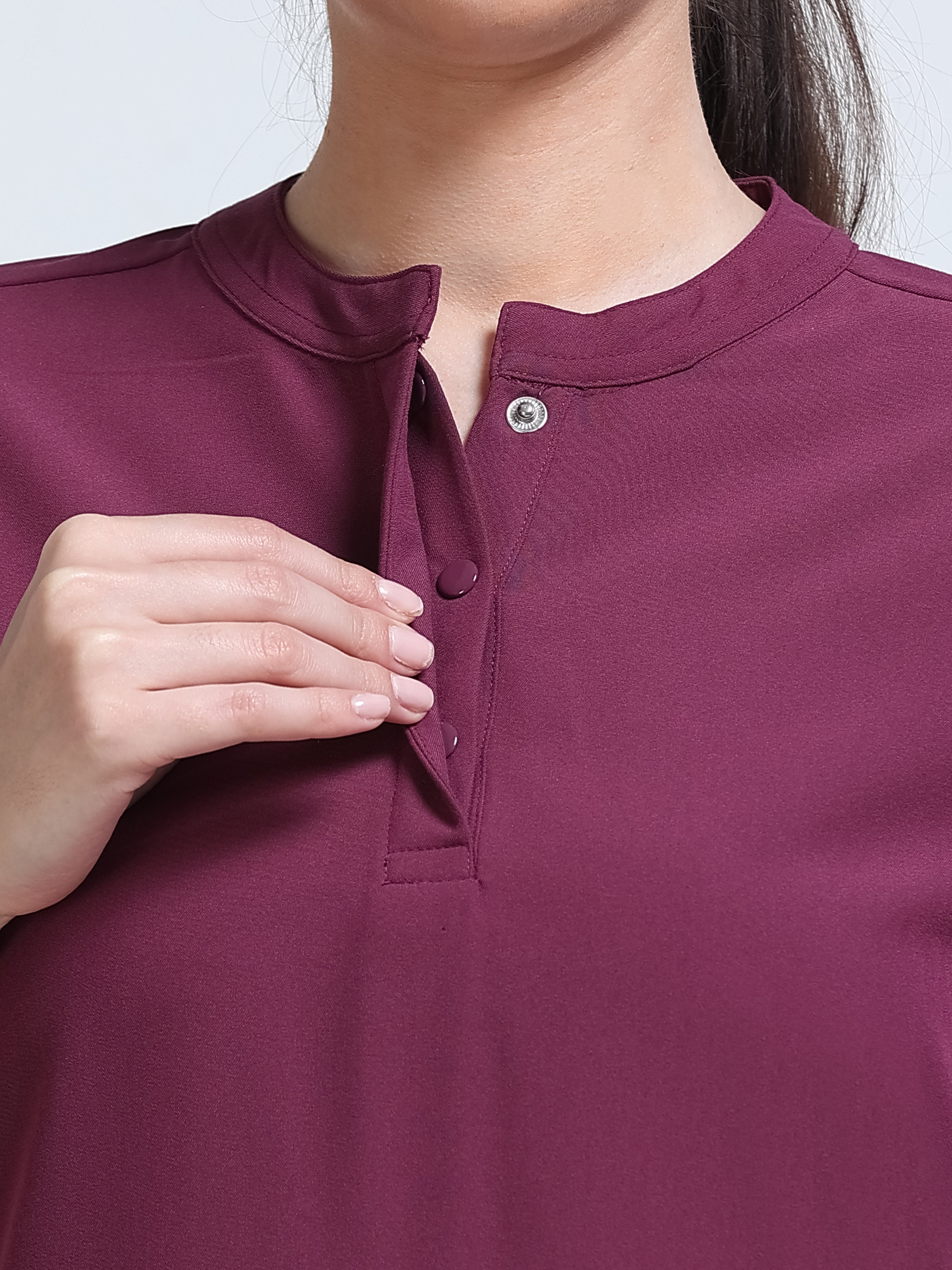 Med House Women Wine Scrub Top - Front Full View