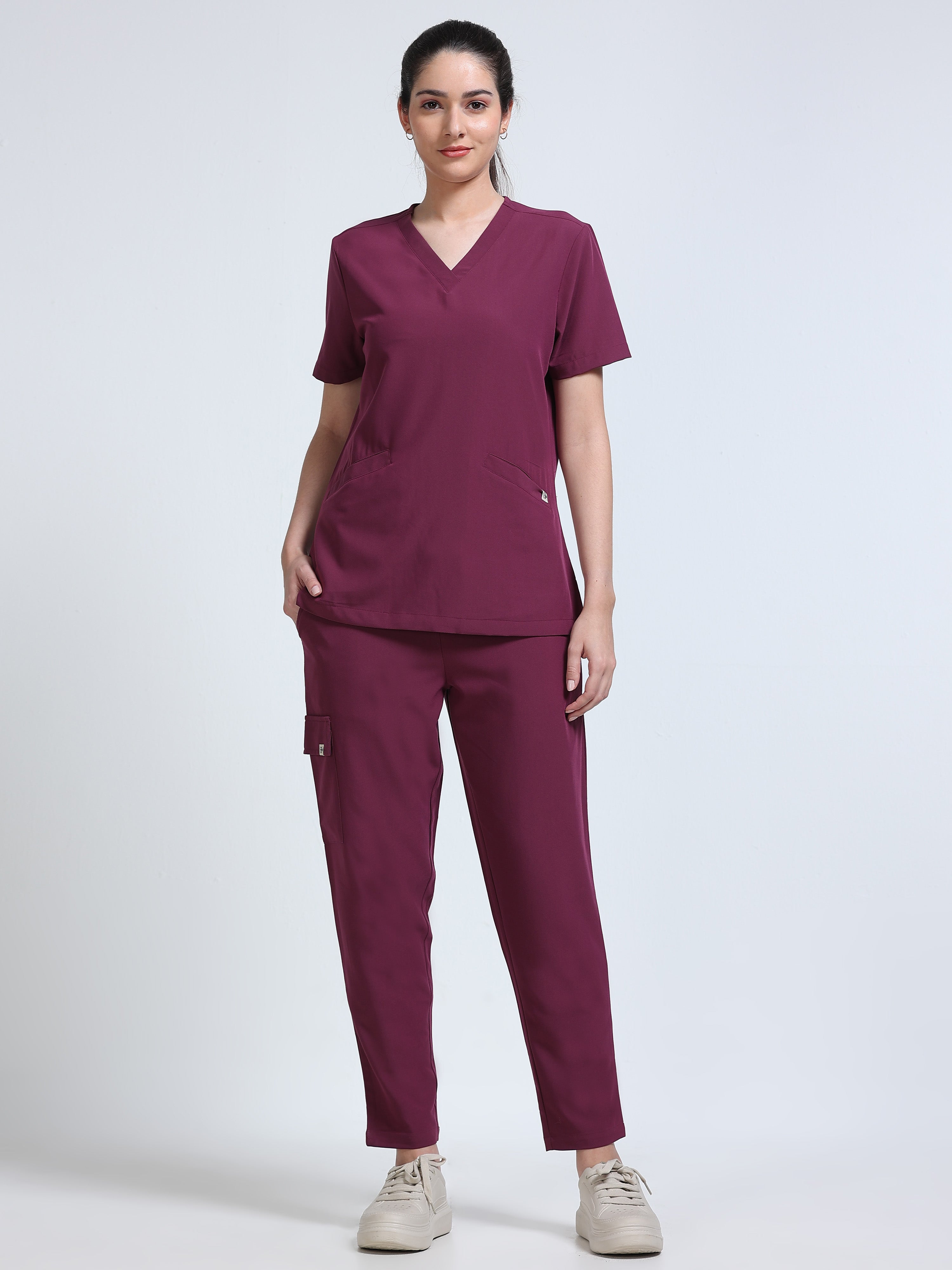 Med House Women Wine V-Neck Scrub Set - Front Full View
