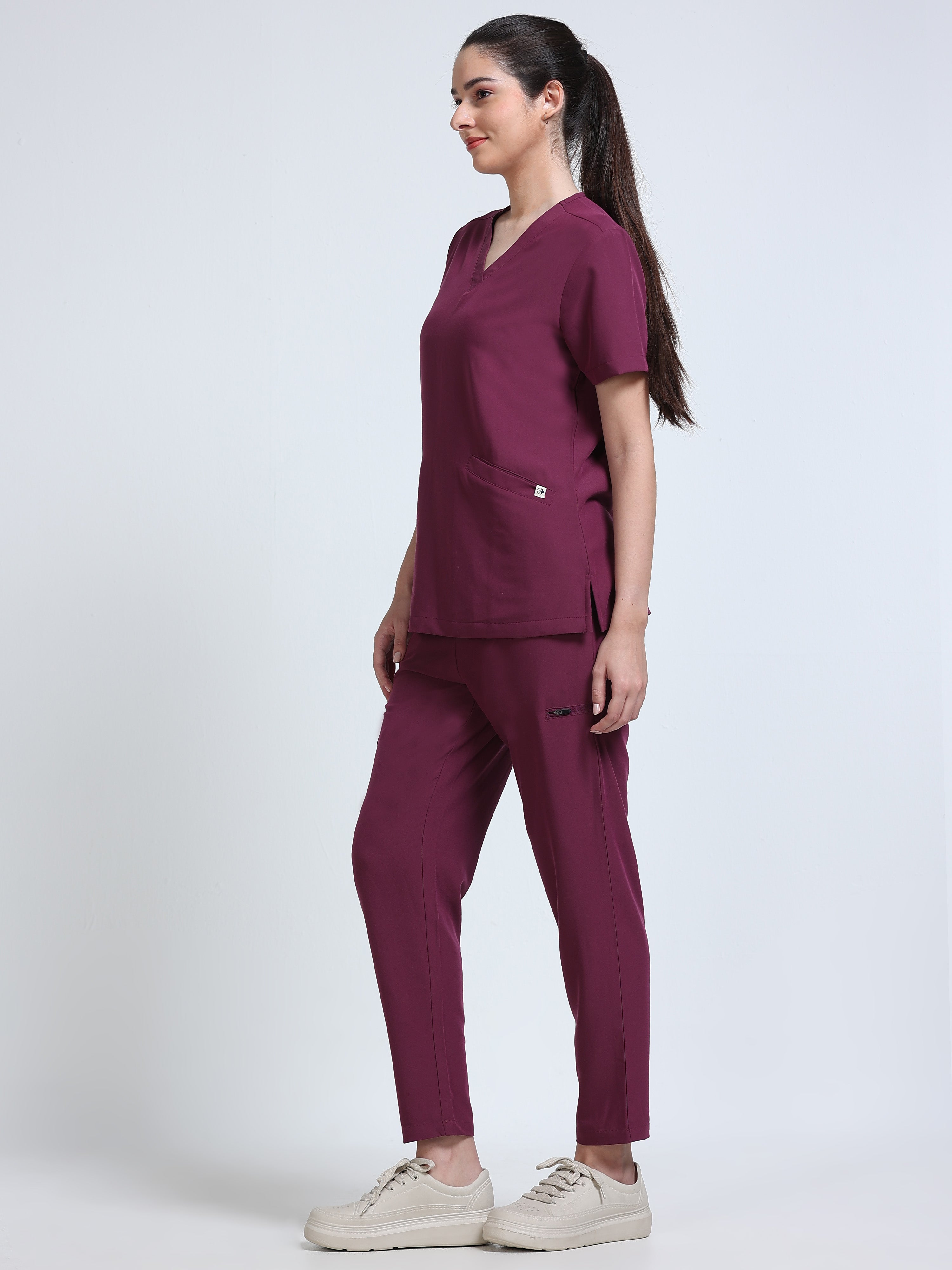 Med House Women Wine V-Neck Scrub Set - Front View 2