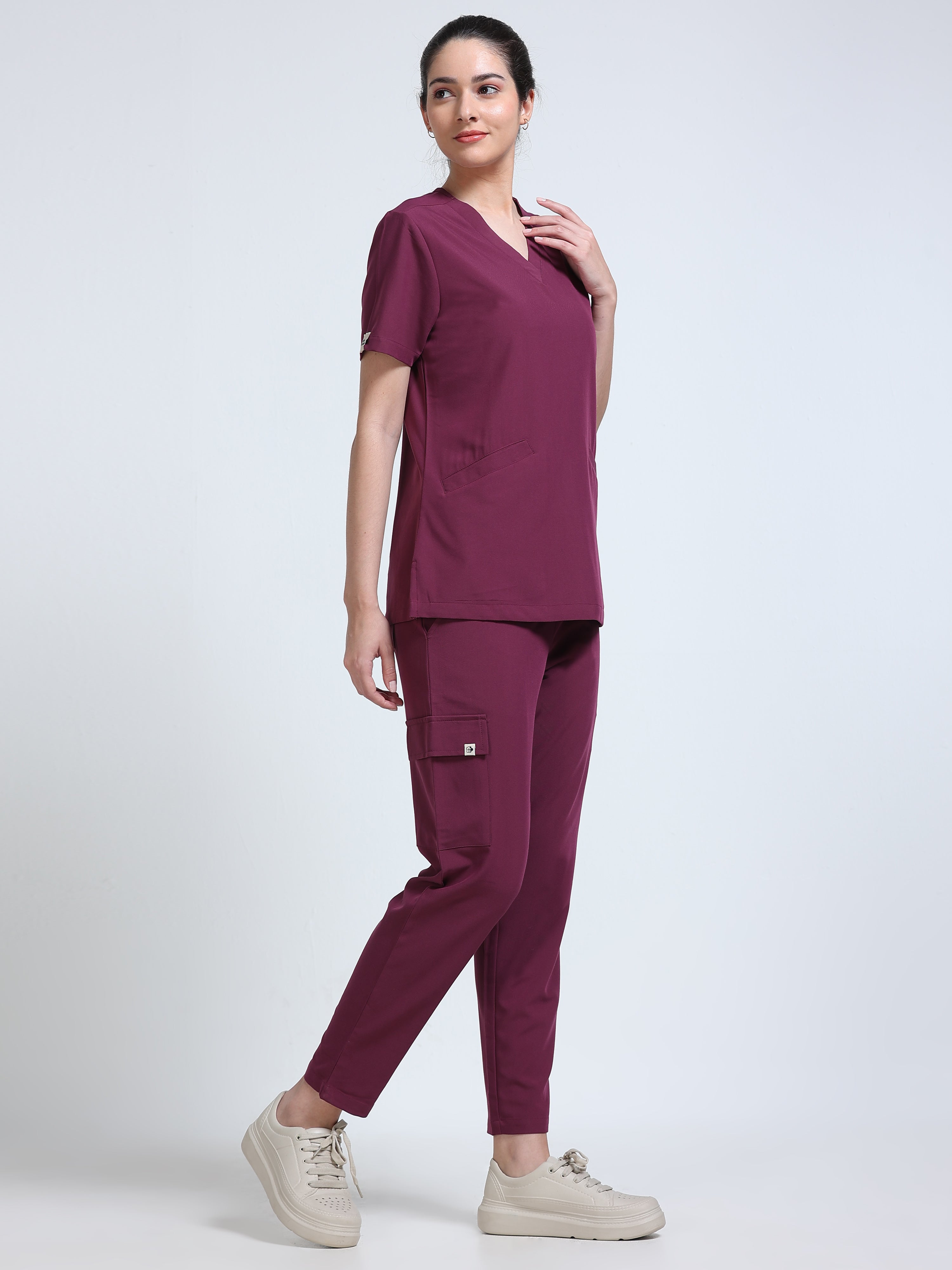 Med House Women Wine V-Neck Scrub Set - Side View