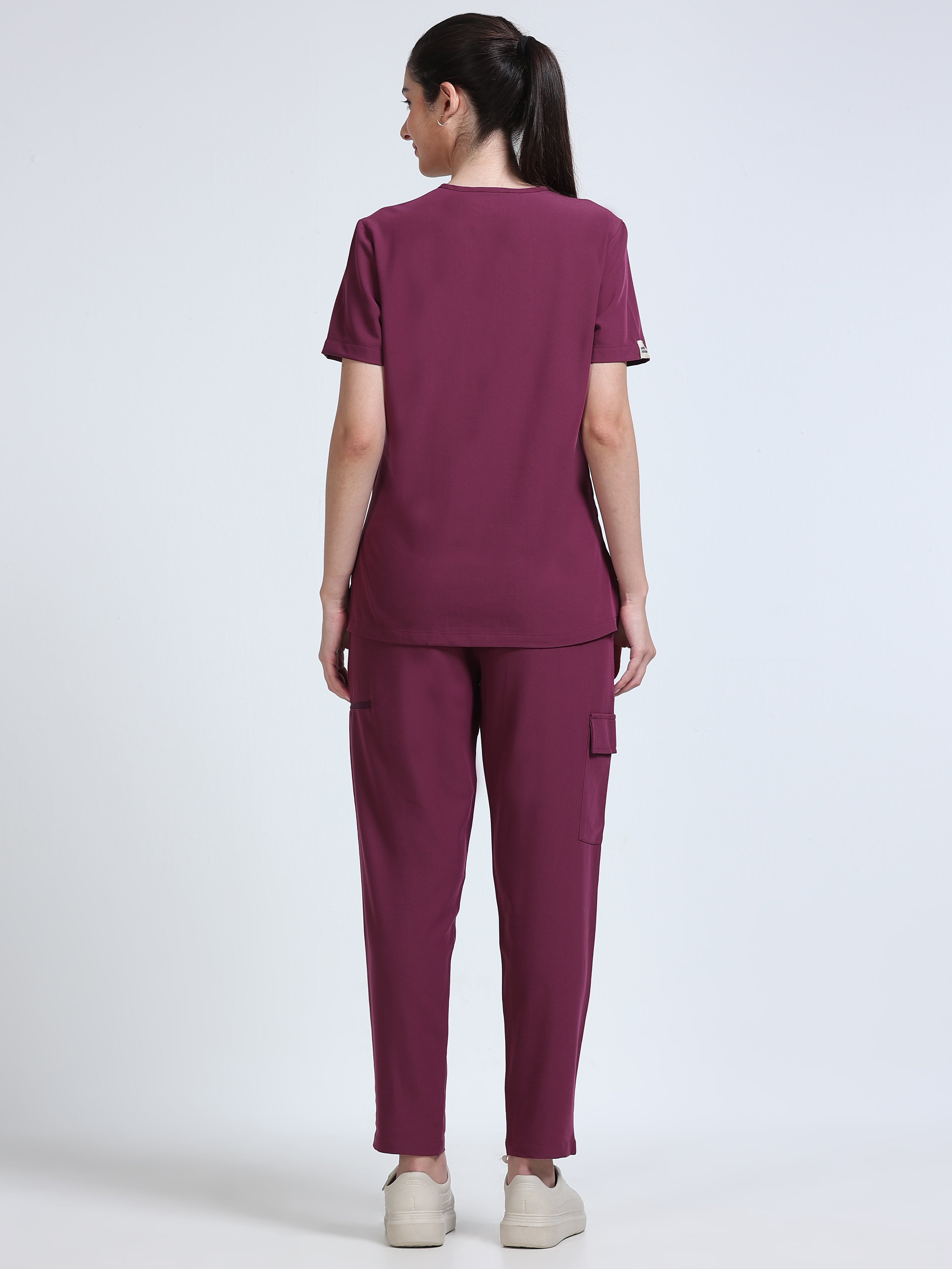 Med House Women Wine V-Neck Scrub Set - Zipper Pocket Detail