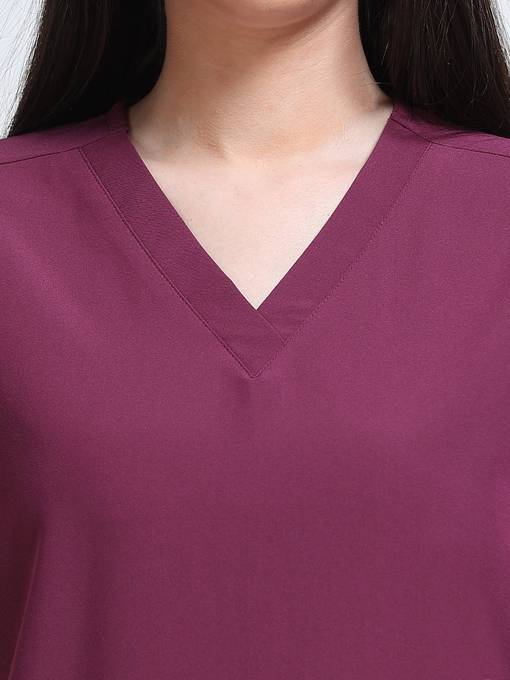 Med House Women Wine V-Neck Scrub Set - Top Pocket Detail