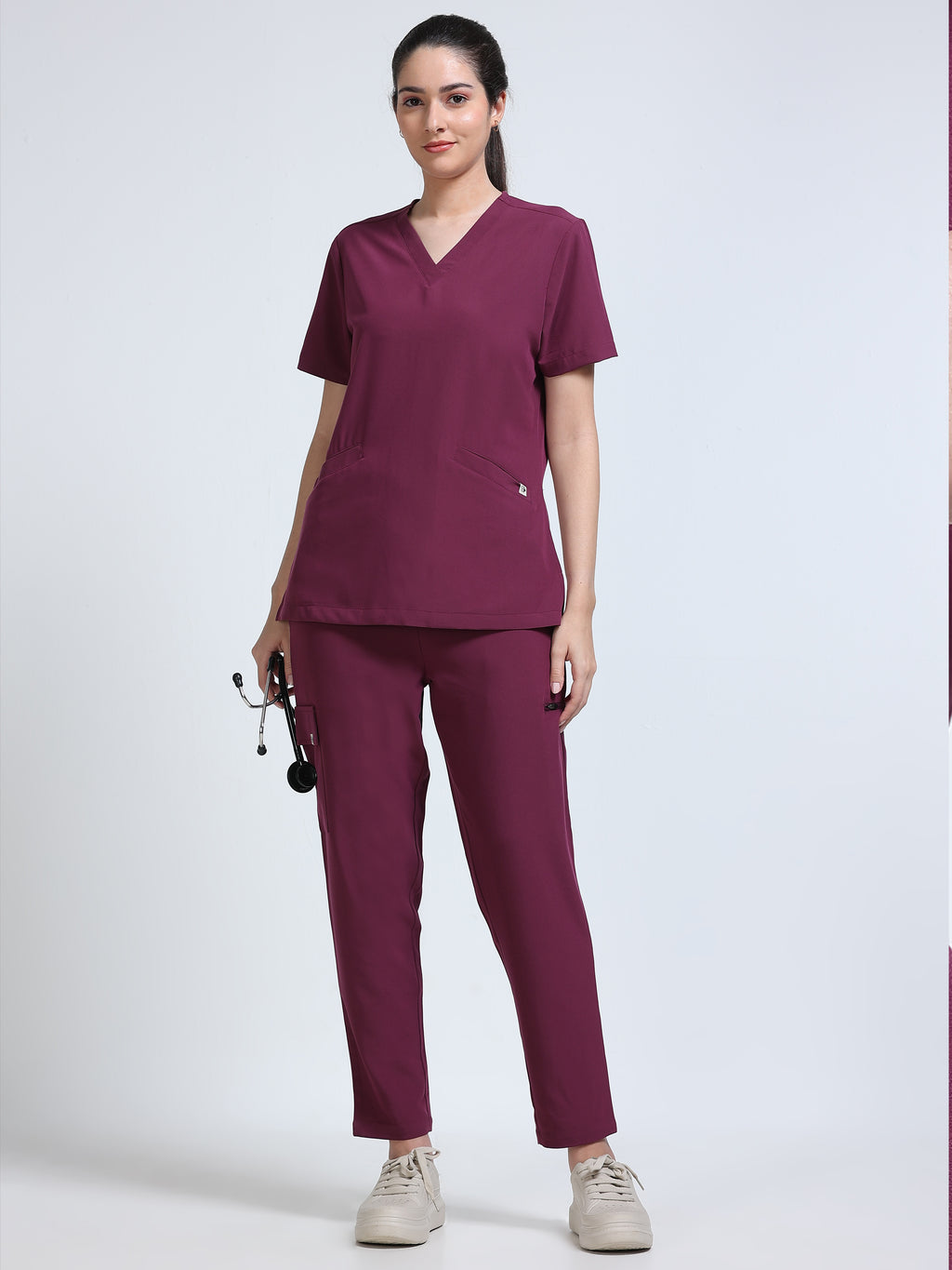 Med House Women Wine V-Neck Scrub Set - Walking Pose
