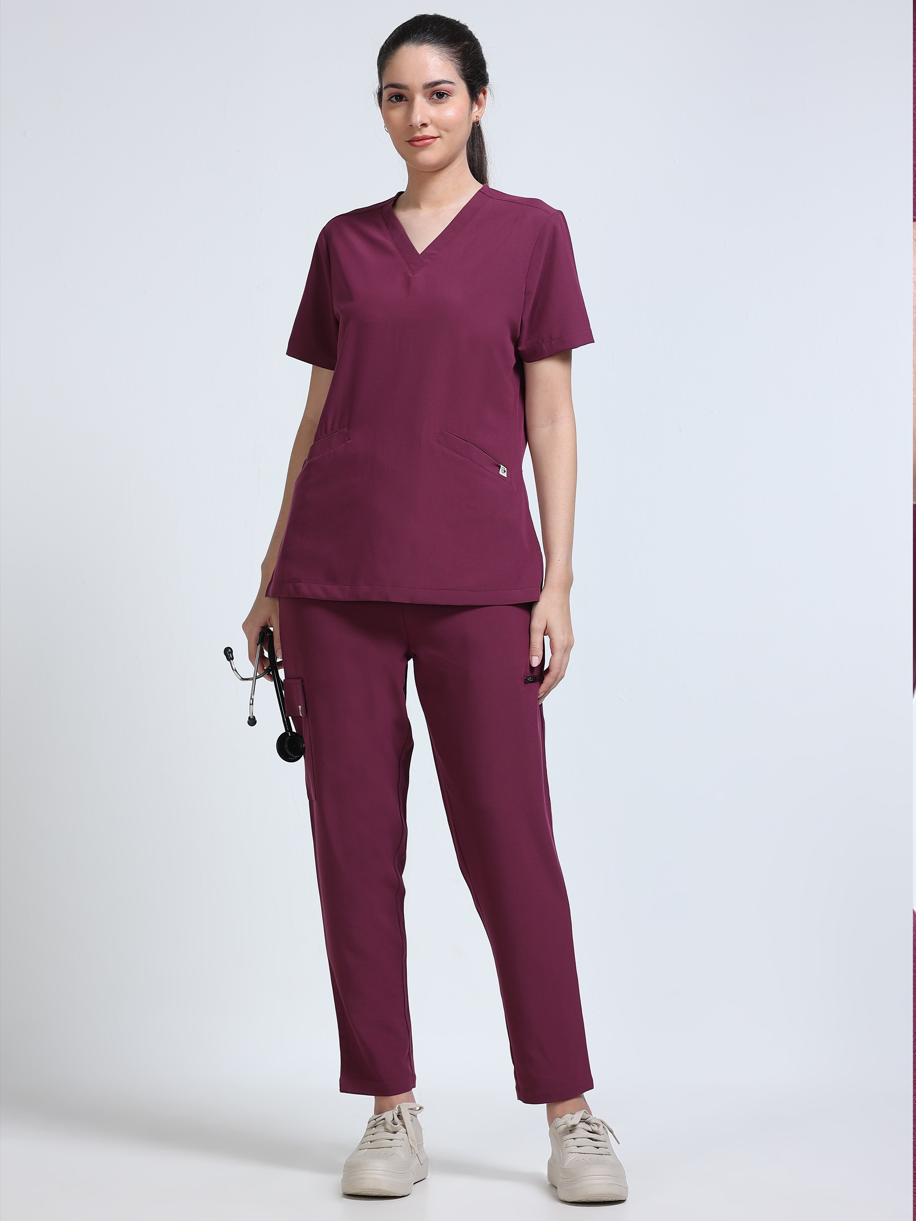 Med House Women Wine V-Neck Scrub Set - Walking Pose