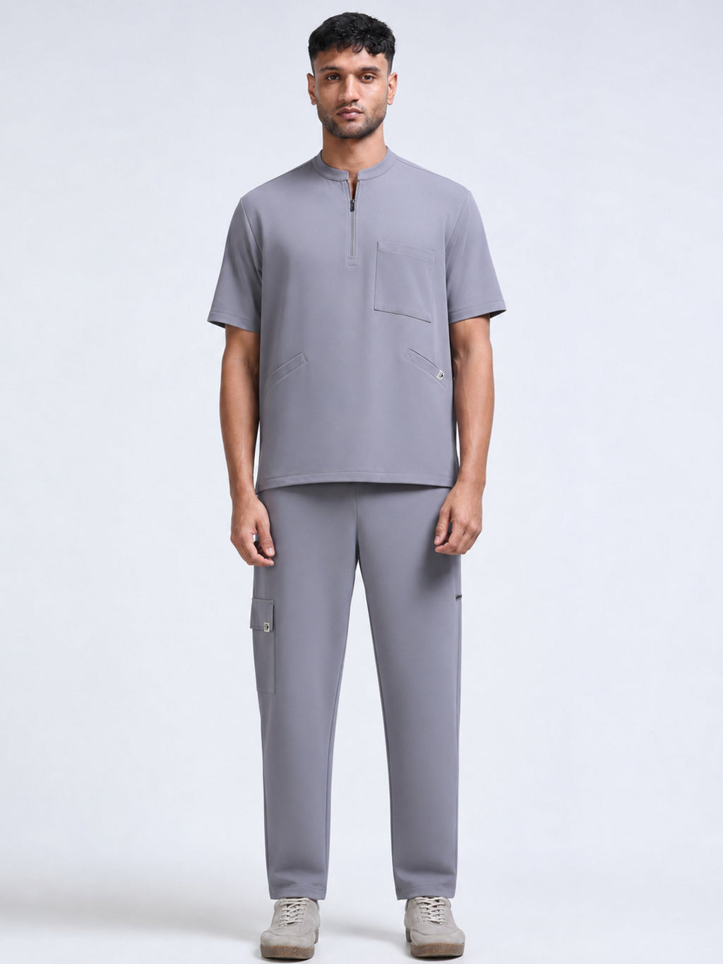 MedAir Men Grey Half-Zip Collar Scrub Set - Front Full Length