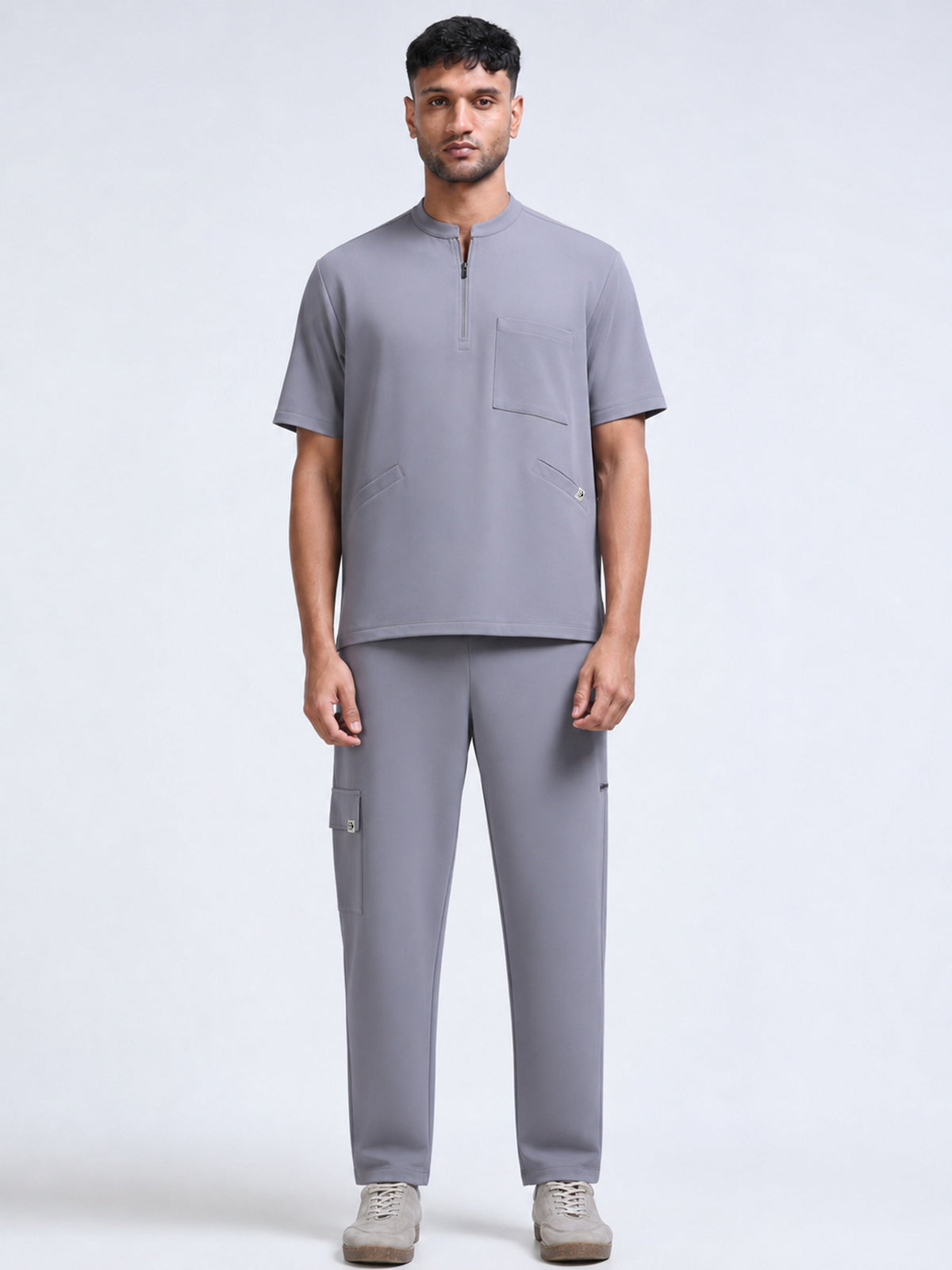 MedAir Men Grey Half-Zip Collar Scrub Set - Front Full Length