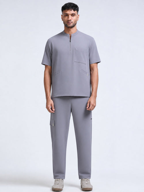 MedAir Men Grey Half-Zip Collar Scrub Set - Front Full Length