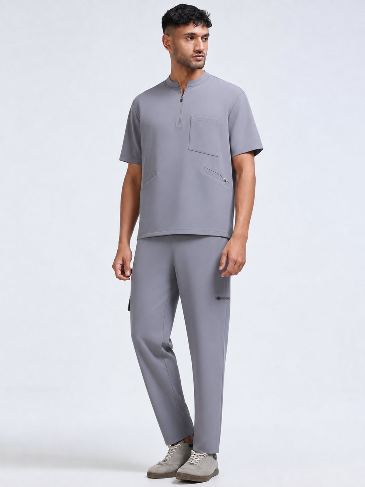 MedAir Men Grey Half-Zip Collar Scrub Set - 3/4 Side View