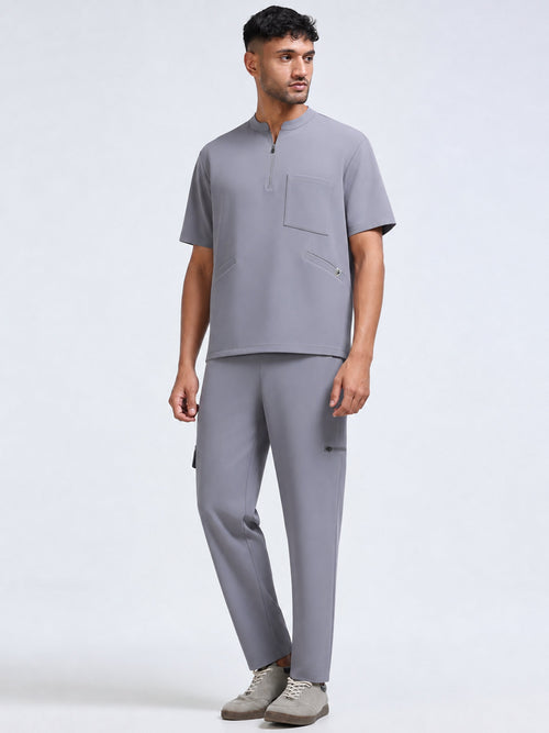 MedAir Men Grey Half-Zip Collar Scrub Set - 3/4 Side View