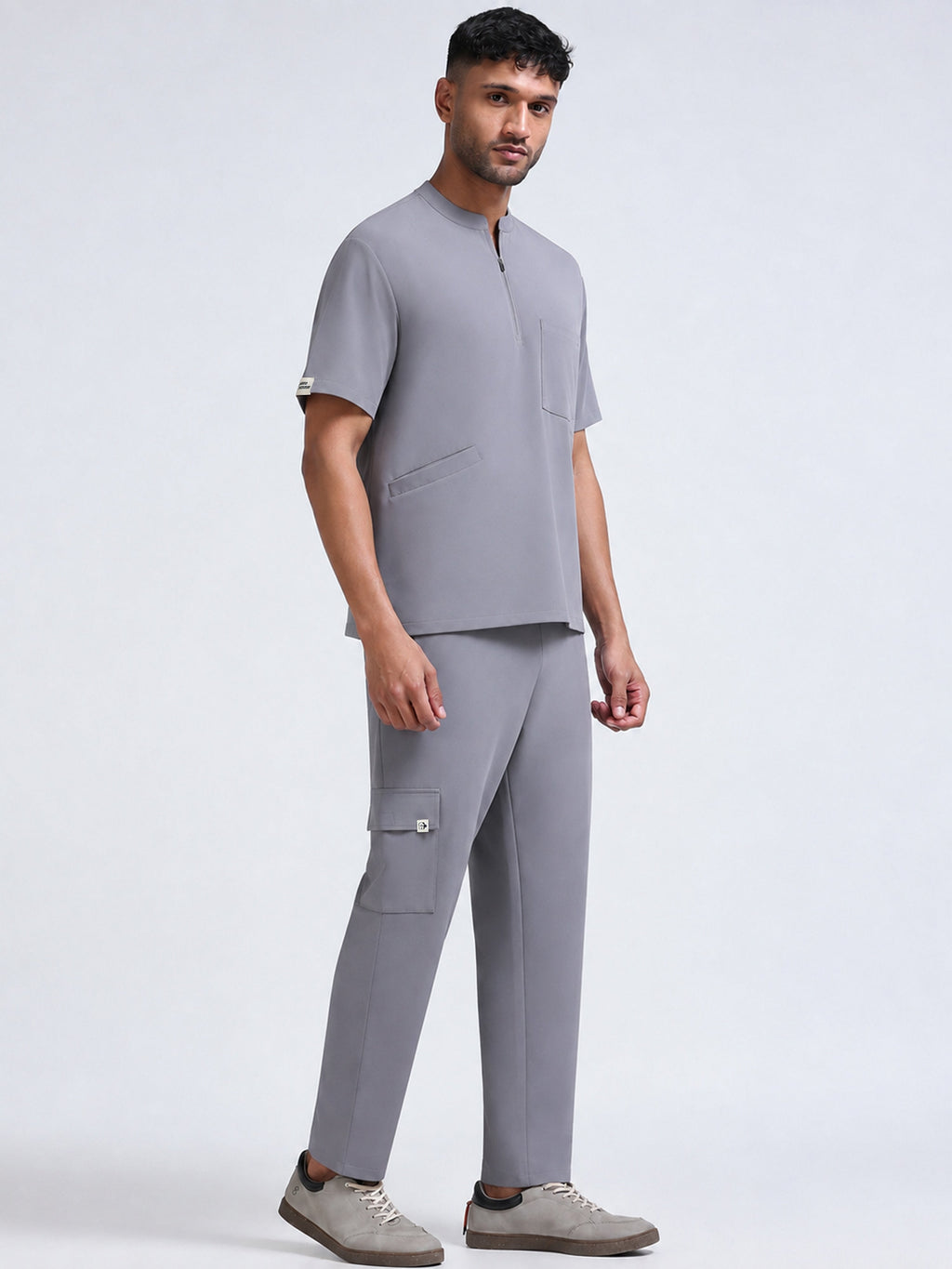 MedAir Men Grey Half-Zip Collar Scrub Set - Front Standing View