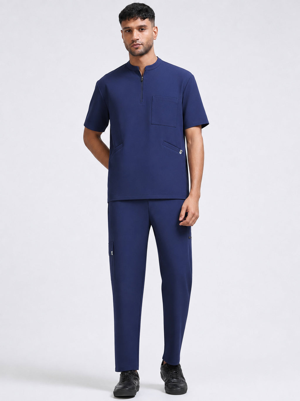MedAir Men Navy Blue Half-Zip Collar Scrub Set - Front Full Length