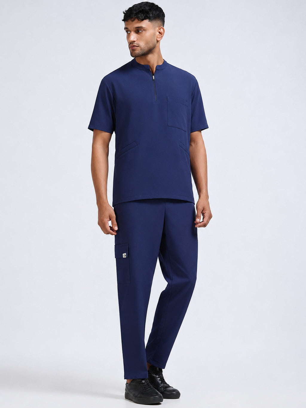 MedAir Men Navy Blue Half-Zip Collar Scrub Set - Collar & Zip Close-Up